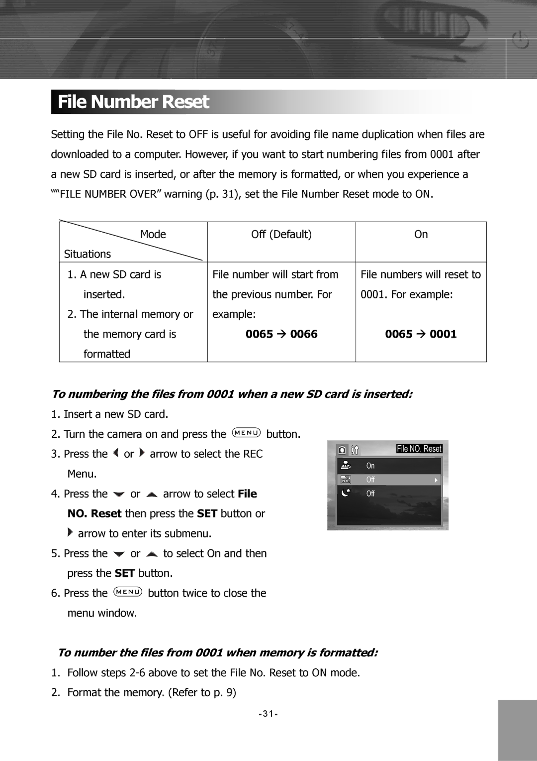 Concord Camera 4340z manual File Number Reset, 0065 