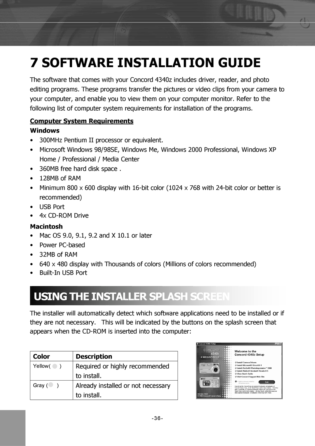 Concord Camera 4340z Using the Installer Splash Screen, Computer System Requirements Windows, Macintosh, Color Description 