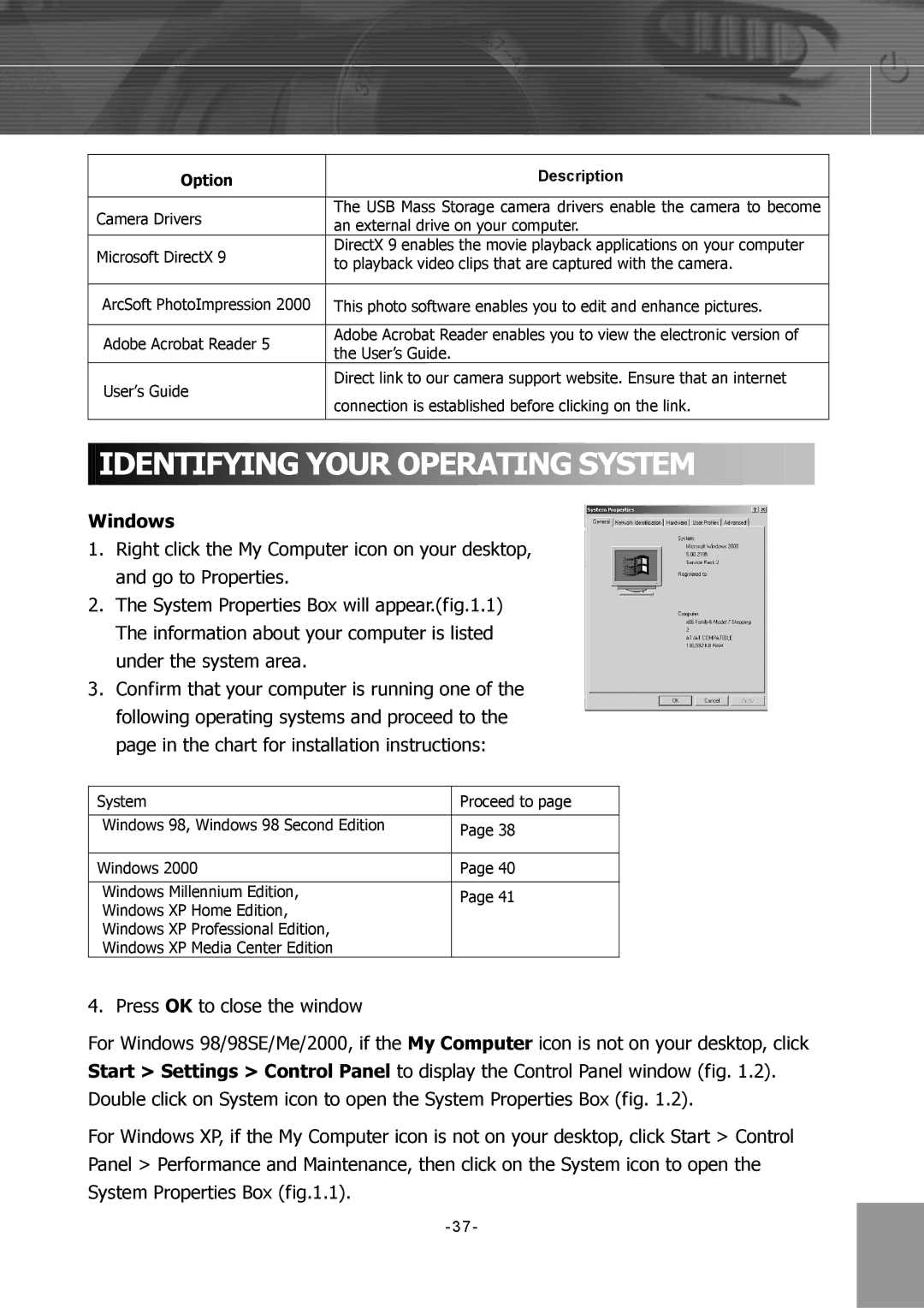 Concord Camera 4340z manual Identifying Your Operating System, Option 