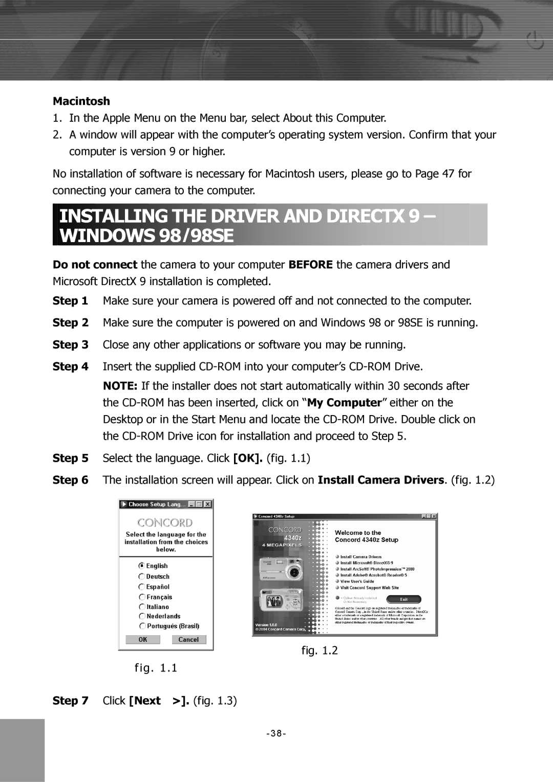 Concord Camera 4340z manual Installing the Driver and Directx 9 Windows 98/98SE, Click Next . fig 