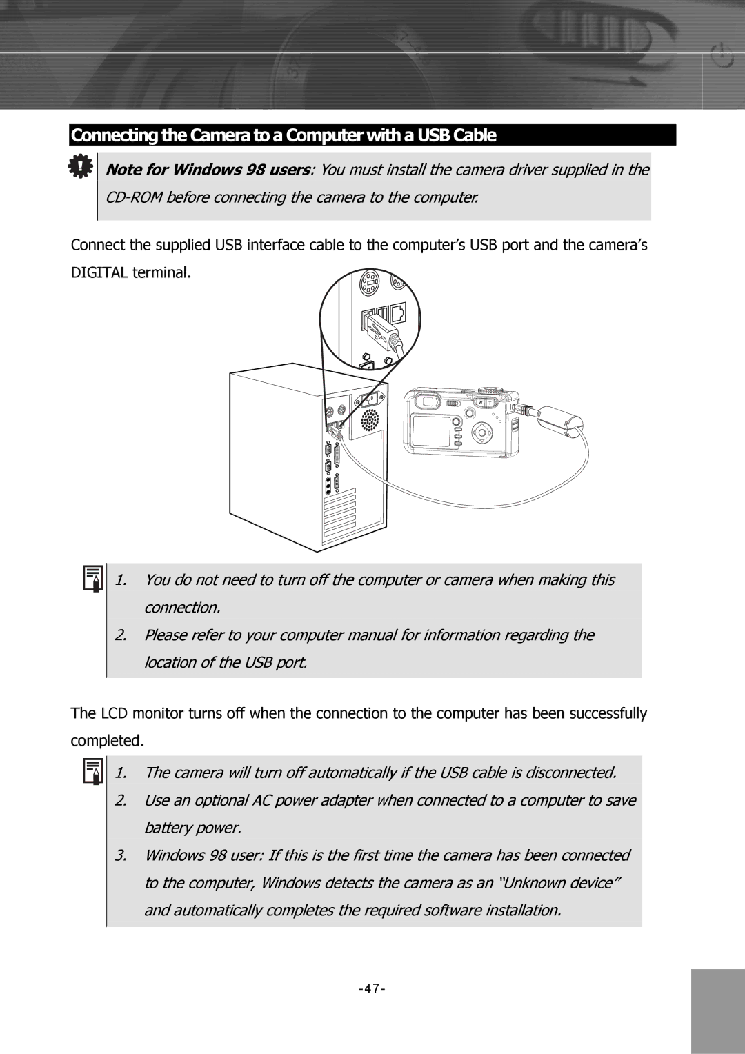 Concord Camera 4340z manual Connecting the Camera to a Computer with a USB Cable 