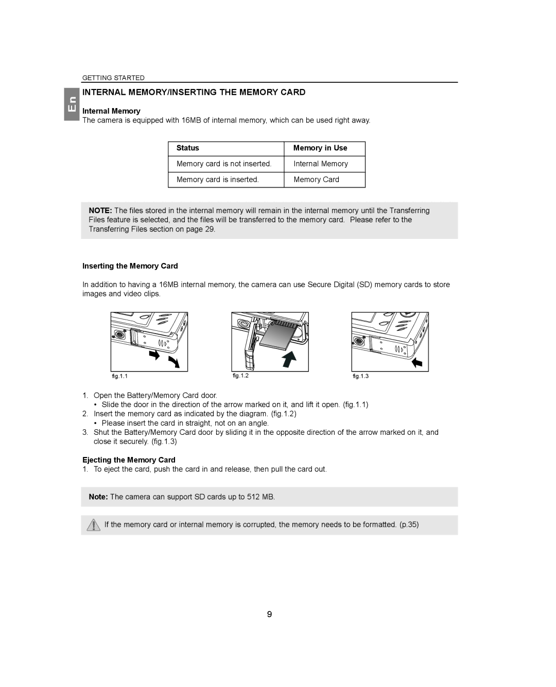 Concord Camera 4360Z manual Internal MEMORY/INSERTING the Memory Card, Internal Memory, Status Memory in Use 