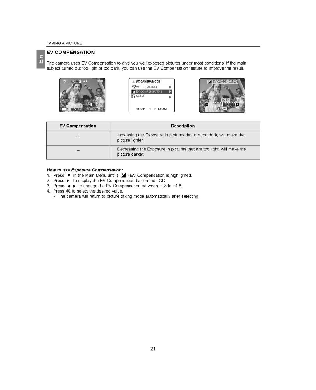 Concord Camera 4360Z manual EV Compensation, How to use Exposure Compensation 