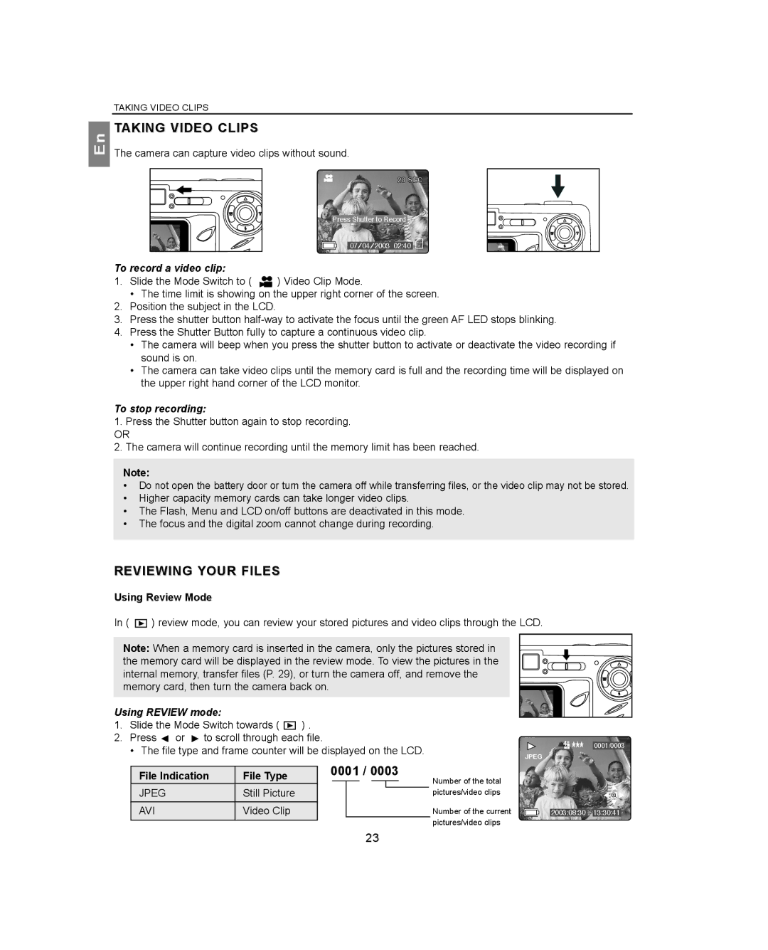 Concord Camera 4360Z manual Taking Video Clips, Reviewing Your Files, To record a video clip, To stop recording 