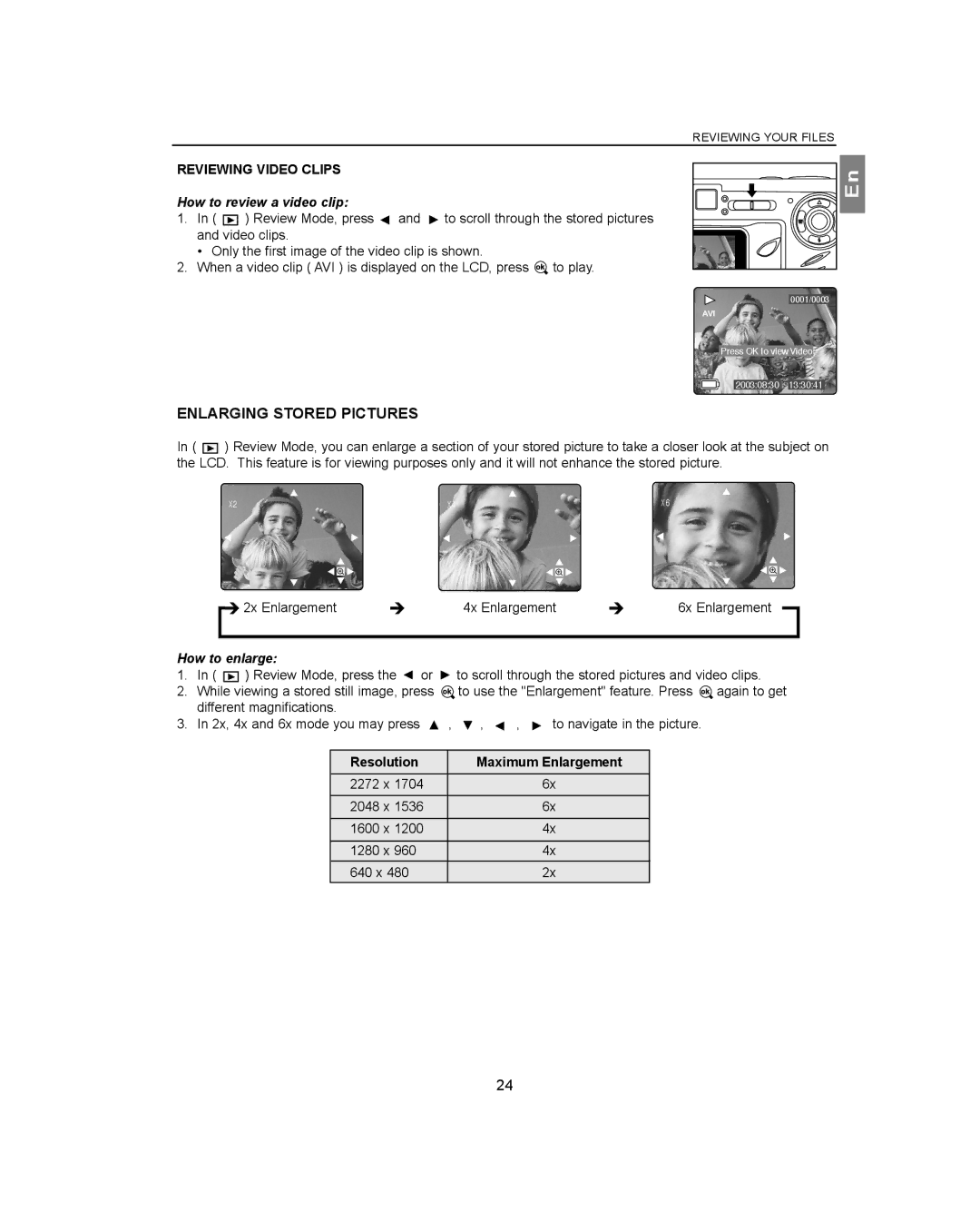 Concord Camera 4360Z manual Enlarging Stored Pictures, Reviewing Video Clips, How to review a video clip, How to enlarge 