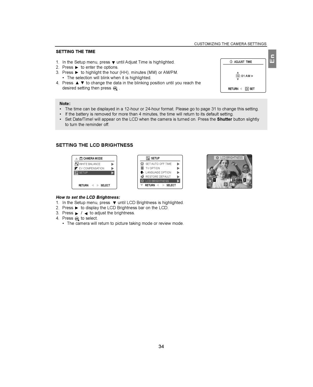 Concord Camera 4360Z manual Setting the LCD Brightness, Setting the Time, How to set the LCD Brightness 