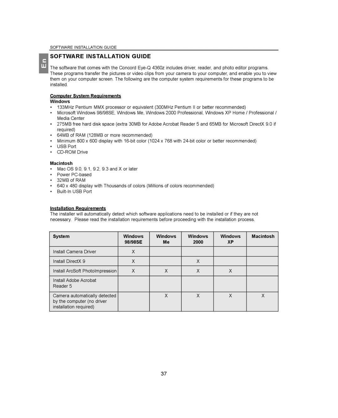 Concord Camera 4360Z manual Software Installation Guide, Computer System Requirements Windows, Macintosh 