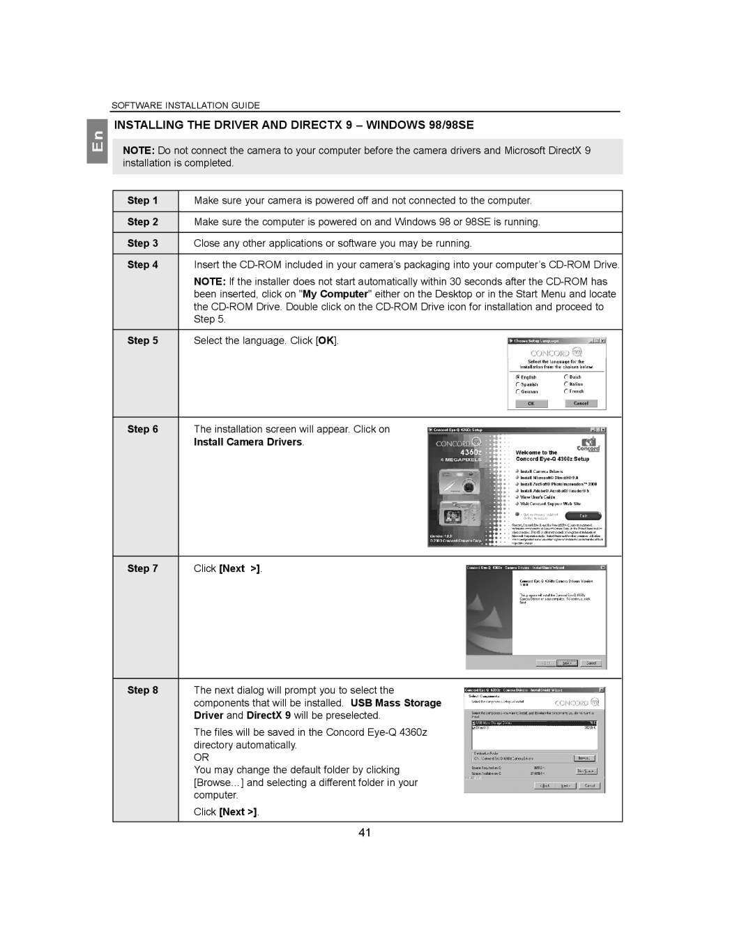 Concord Camera 4360Z manual Installing the Driver and Directx 9 Windows 98/98SE, Step, Install Camera Drivers, Click Next 