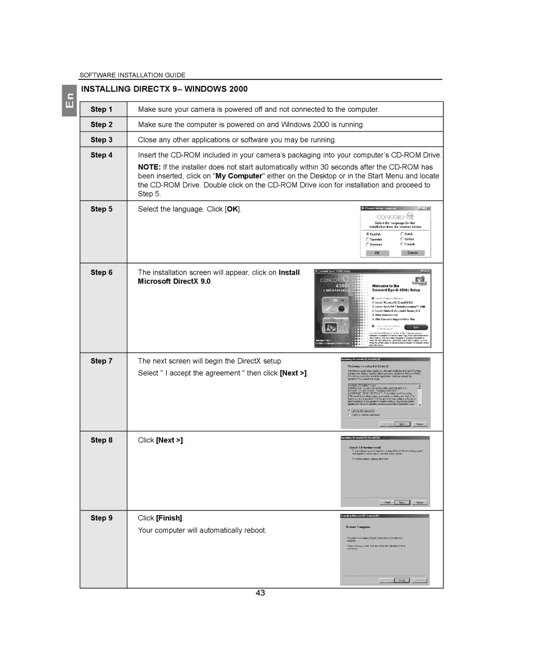 Concord Camera 4360Z manual Installing Directx 9- Windows, Microsoft DirectX 