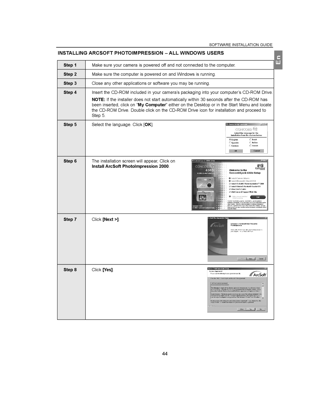 Concord Camera 4360Z manual Installing Arcsoft Photoimpression ALL Windows Users 