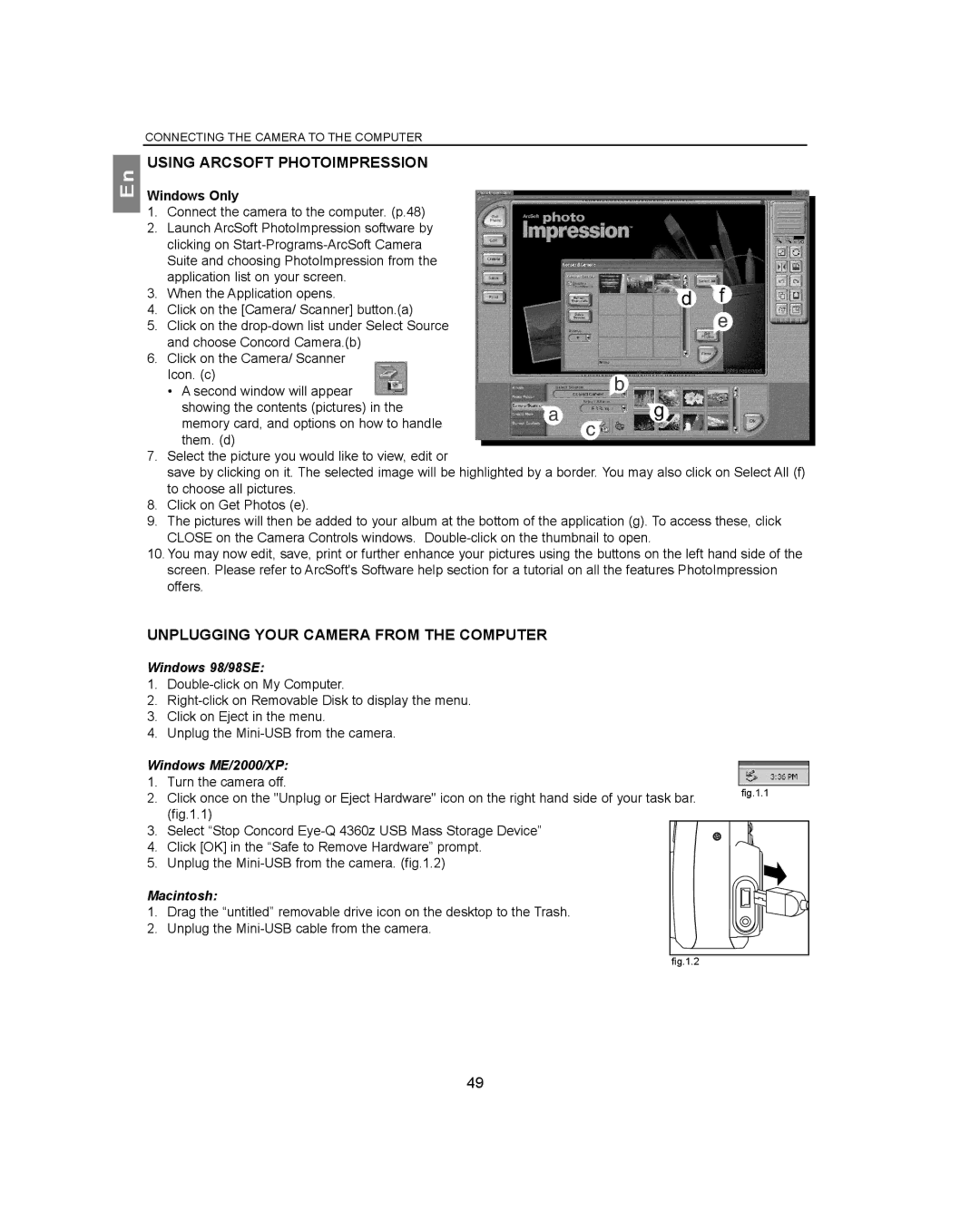 Concord Camera 4360Z Using Arcsoft Photoimpression, Unplugging Your Camera from the Computer, Windows 98/98SE, Macintosh 