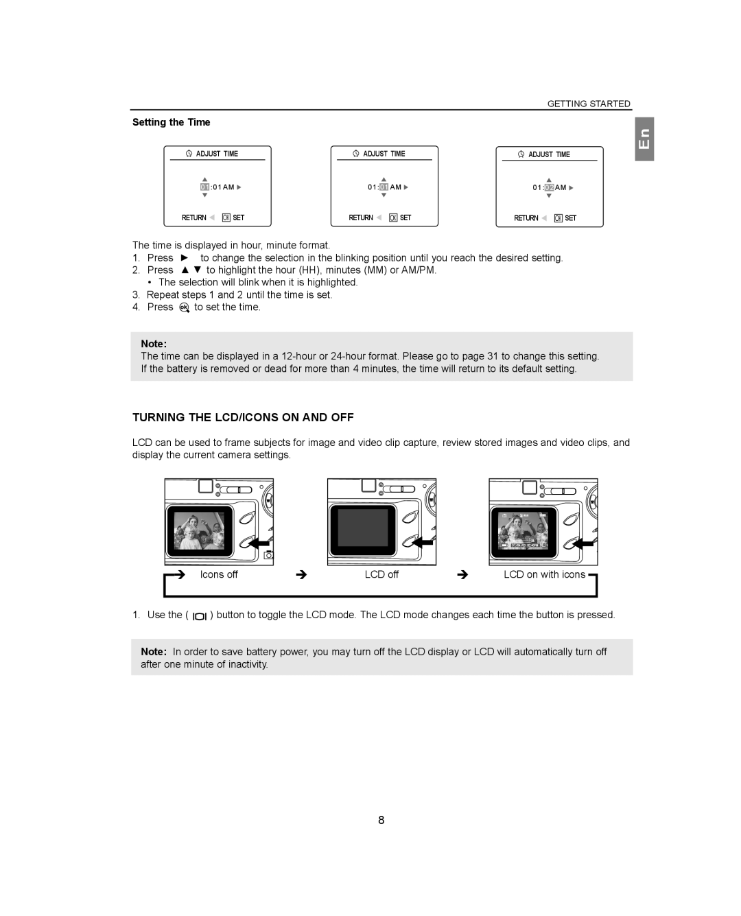 Concord Camera 4360Z manual Turning the LCD/ICONS on and OFF, Setting the Time 