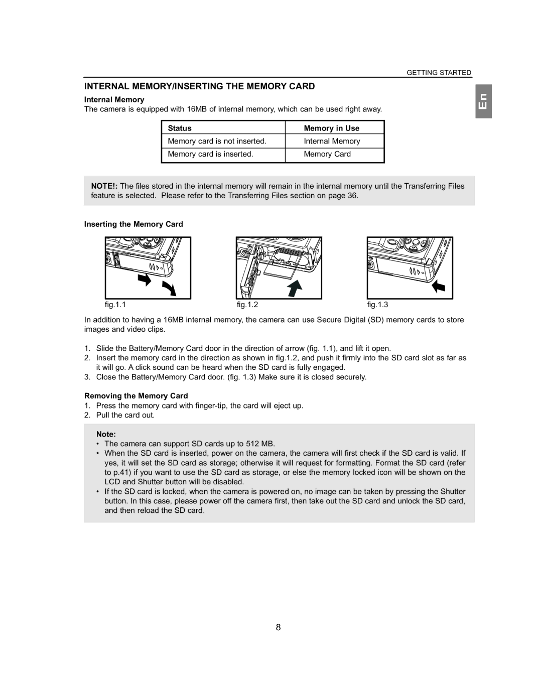 Concord Camera 4363z manual Internal MEMORY/INSERTING the Memory Card, Internal Memory, Status Memory in Use 