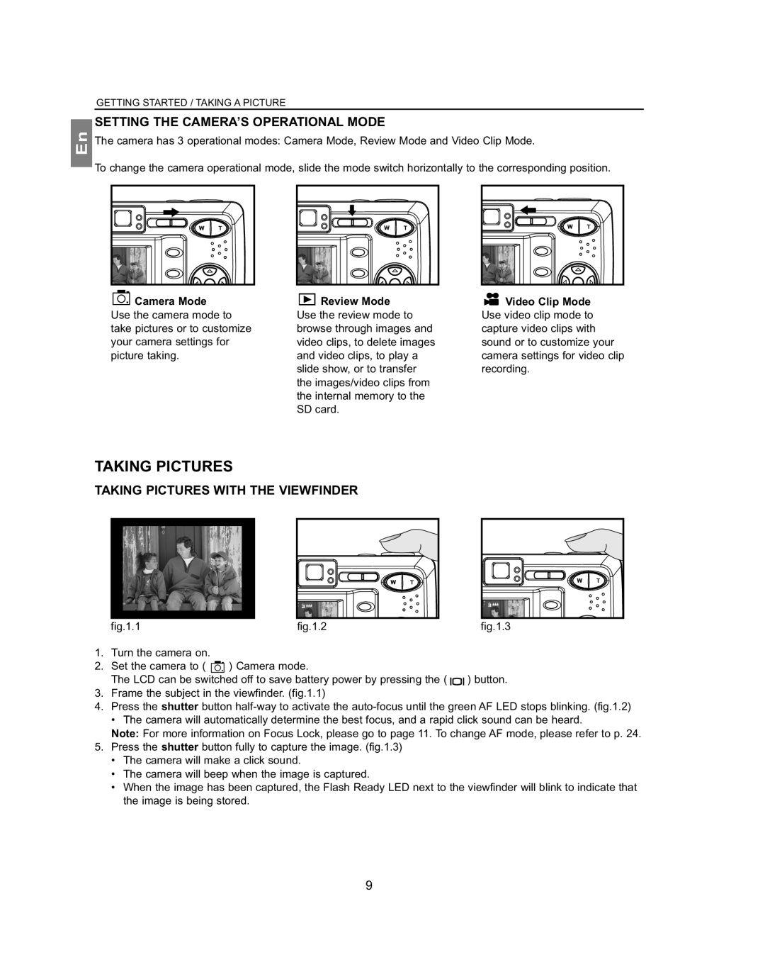 Concord Camera 4363z manual Setting the CAMERA’S Operational Mode, Taking Pictures with the Viewfinder, Review Mode 