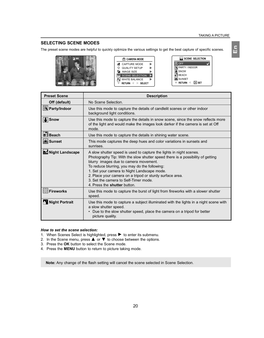 Concord Camera 4363z manual Selecting Scene Modes, How to set the scene selection 