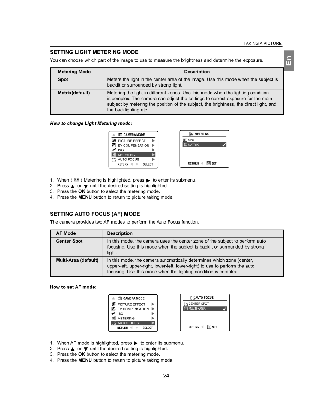 Concord Camera 4363z manual Setting Light Metering Mode, Setting Auto Focus AF Mode, How to change Light Metering mode 