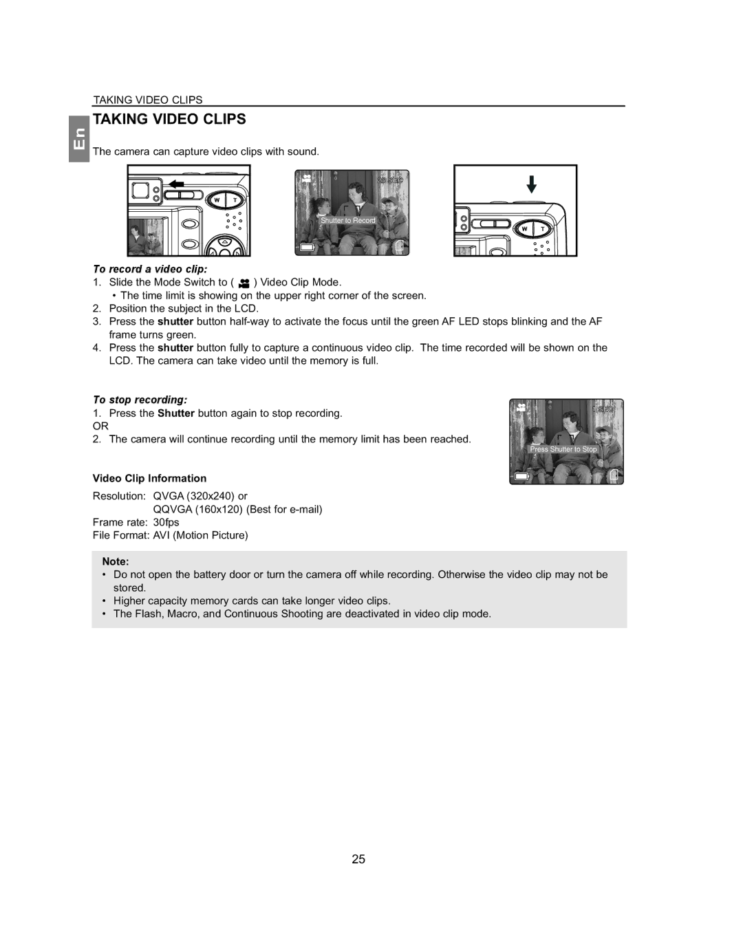 Concord Camera 4363z manual Taking Video Clips, To record a video clip, To stop recording, Video Clip Information 