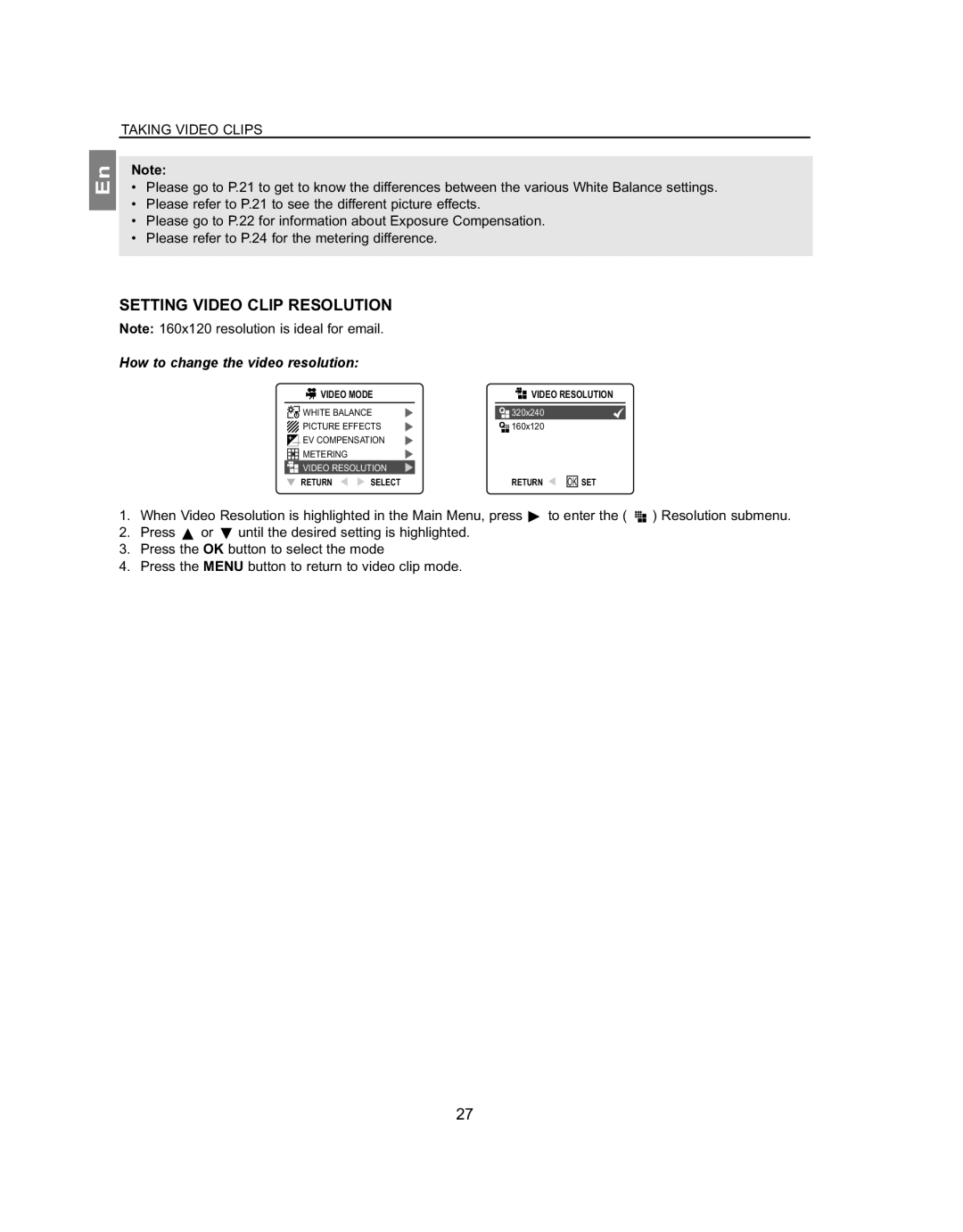 Concord Camera 4363z manual Setting Video Clip Resolution, How to change the video resolution 