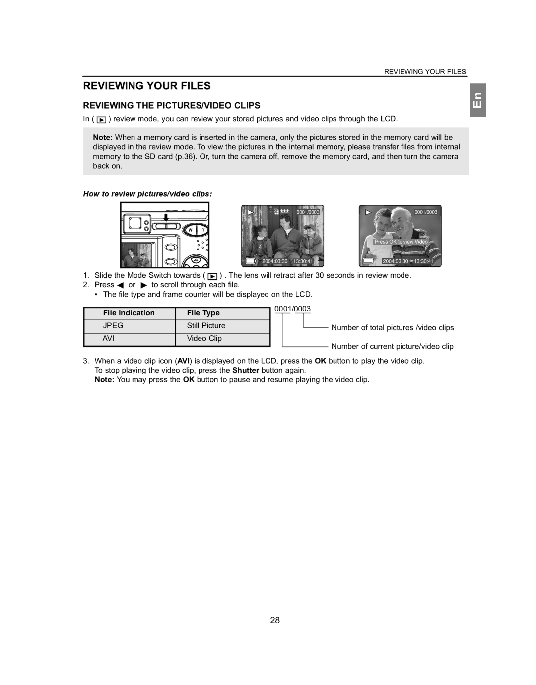 Concord Camera 4363z manual Reviewing Your Files, Reviewing the PICTURES/VIDEO Clips, How to review pictures/video clips 