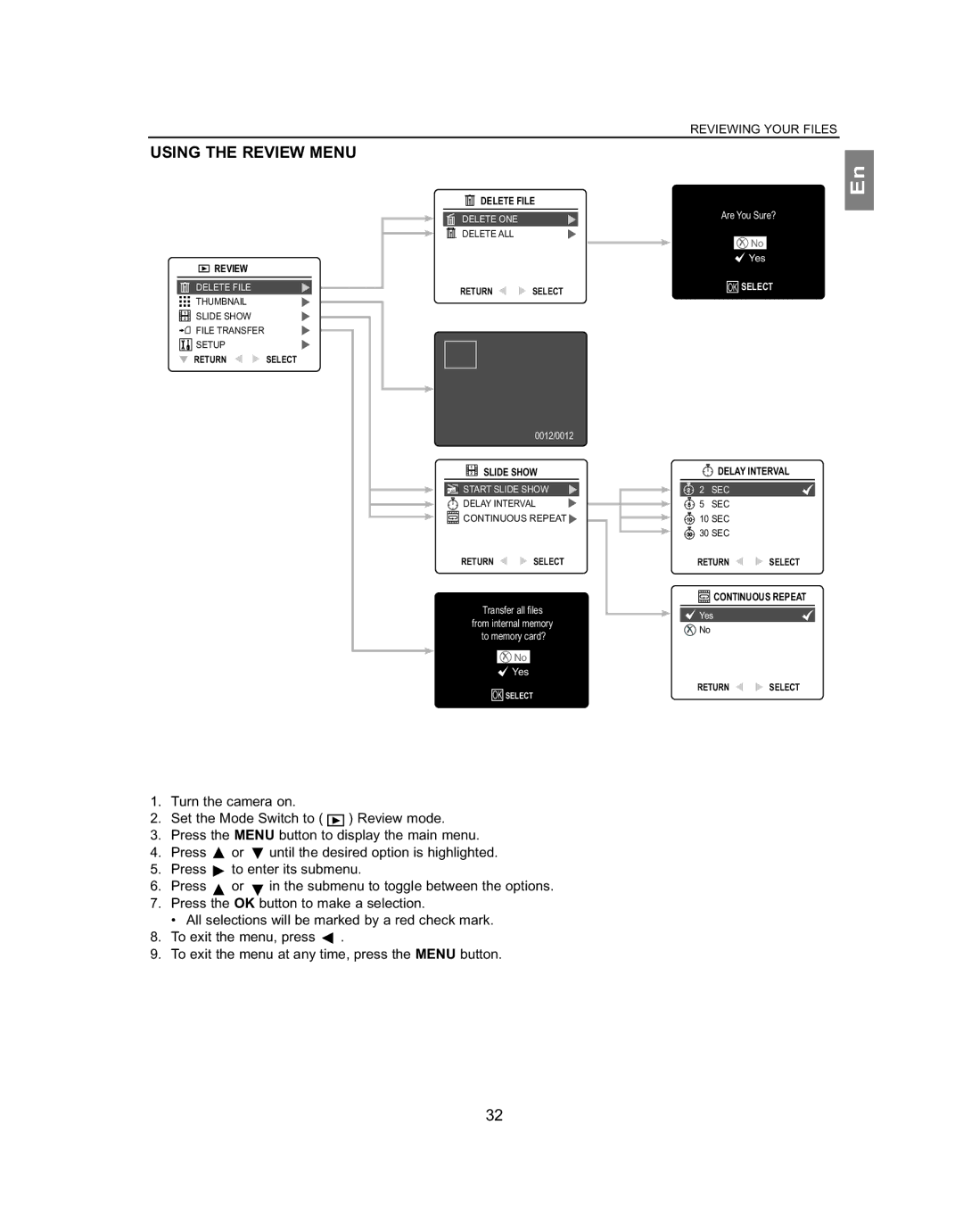 Concord Camera 4363z manual Using the Review Menu, How to use the Menu in Review mode 