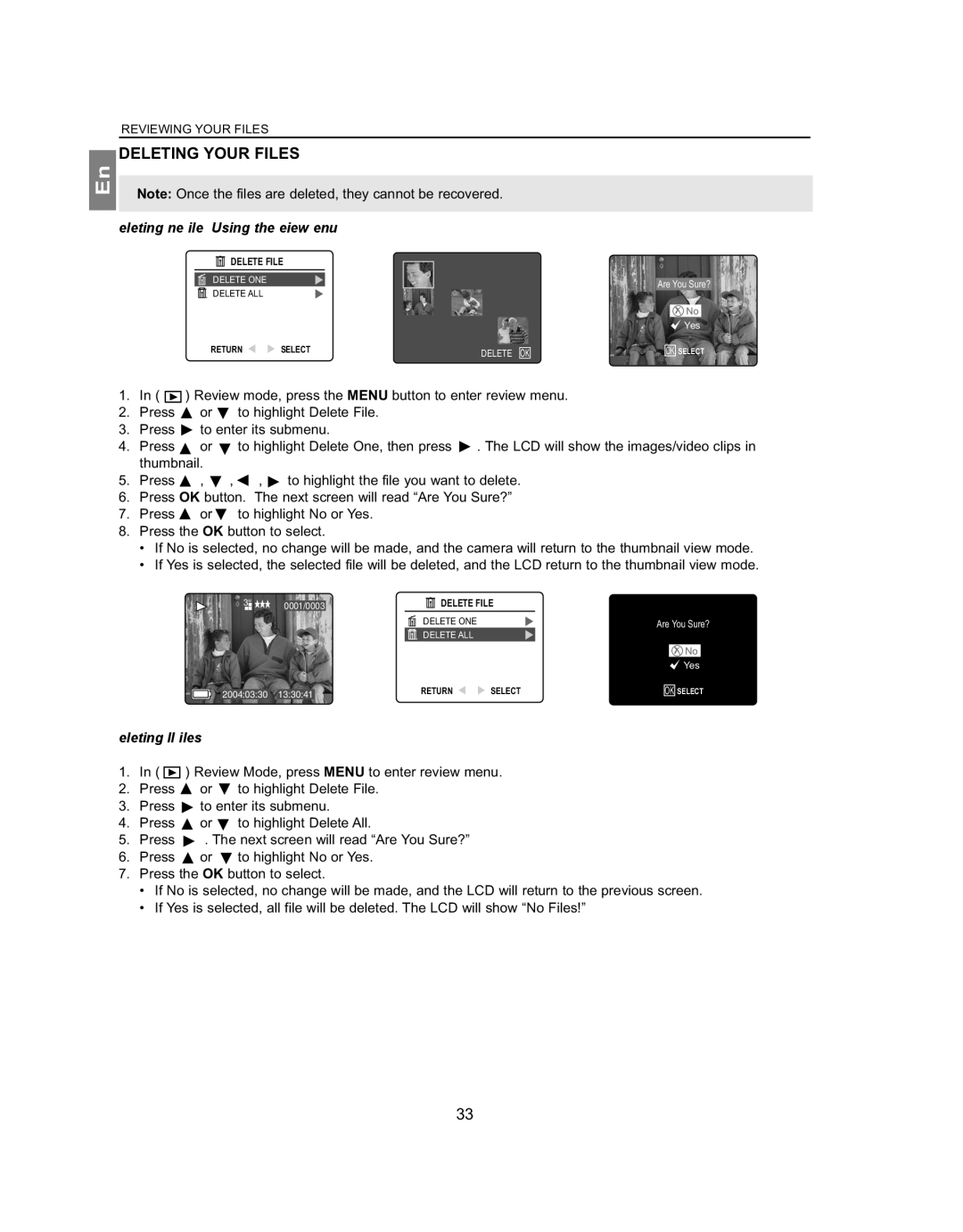 Concord Camera 4363z manual Deleting Your Files, Deleting One File by Using the Review Menu, Deleting All Files 