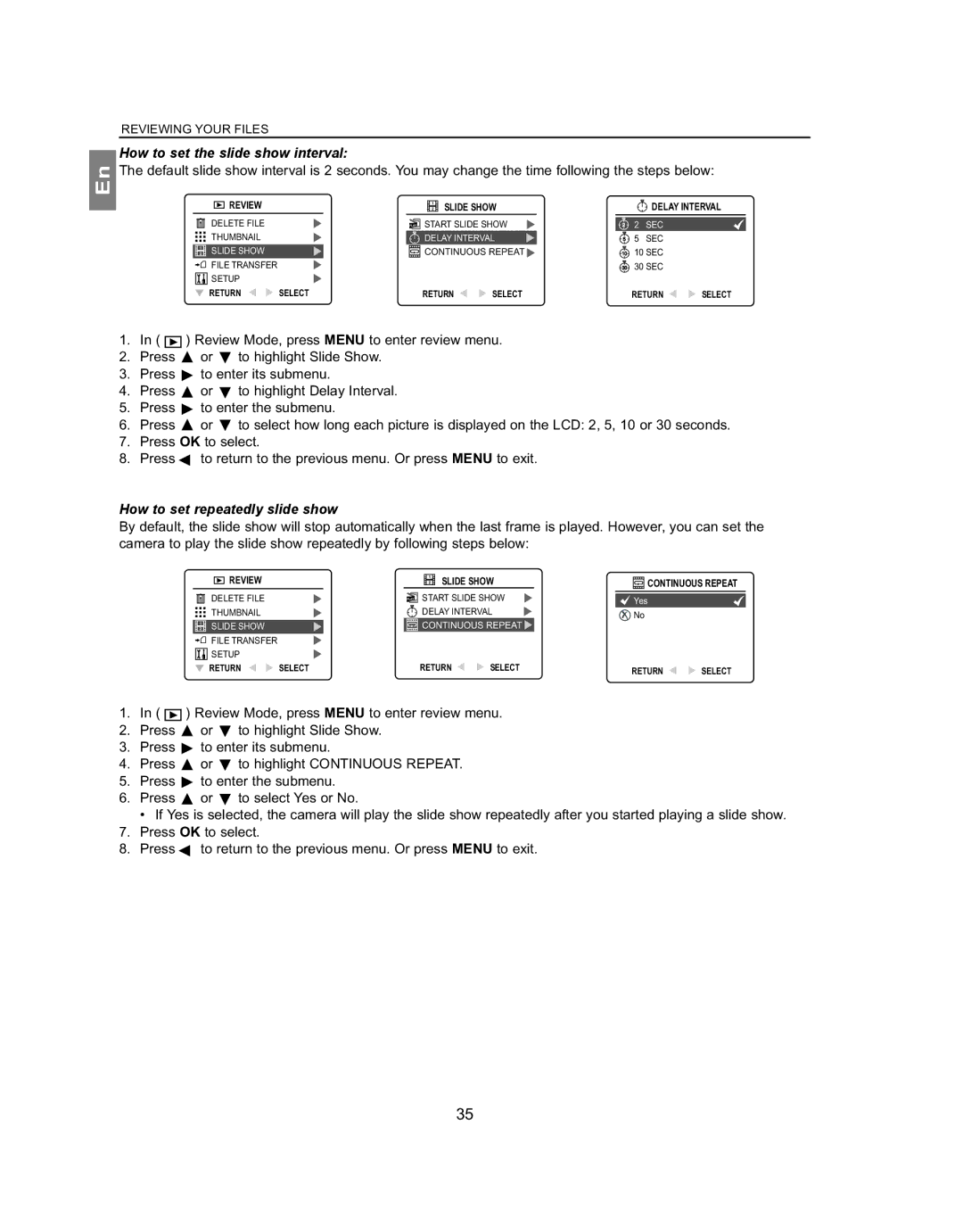 Concord Camera 4363z manual How to set the slide show interval, How to set repeatedly slide show 