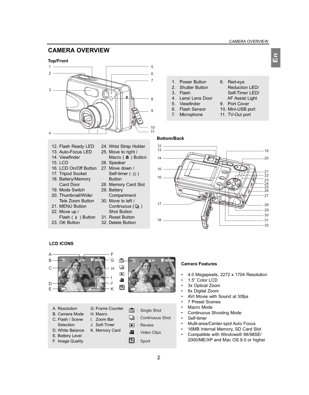 Concord Camera 4363z manual Camera Overview, Top/Front, Bottom/Back, LCD Icons, Camera Features 