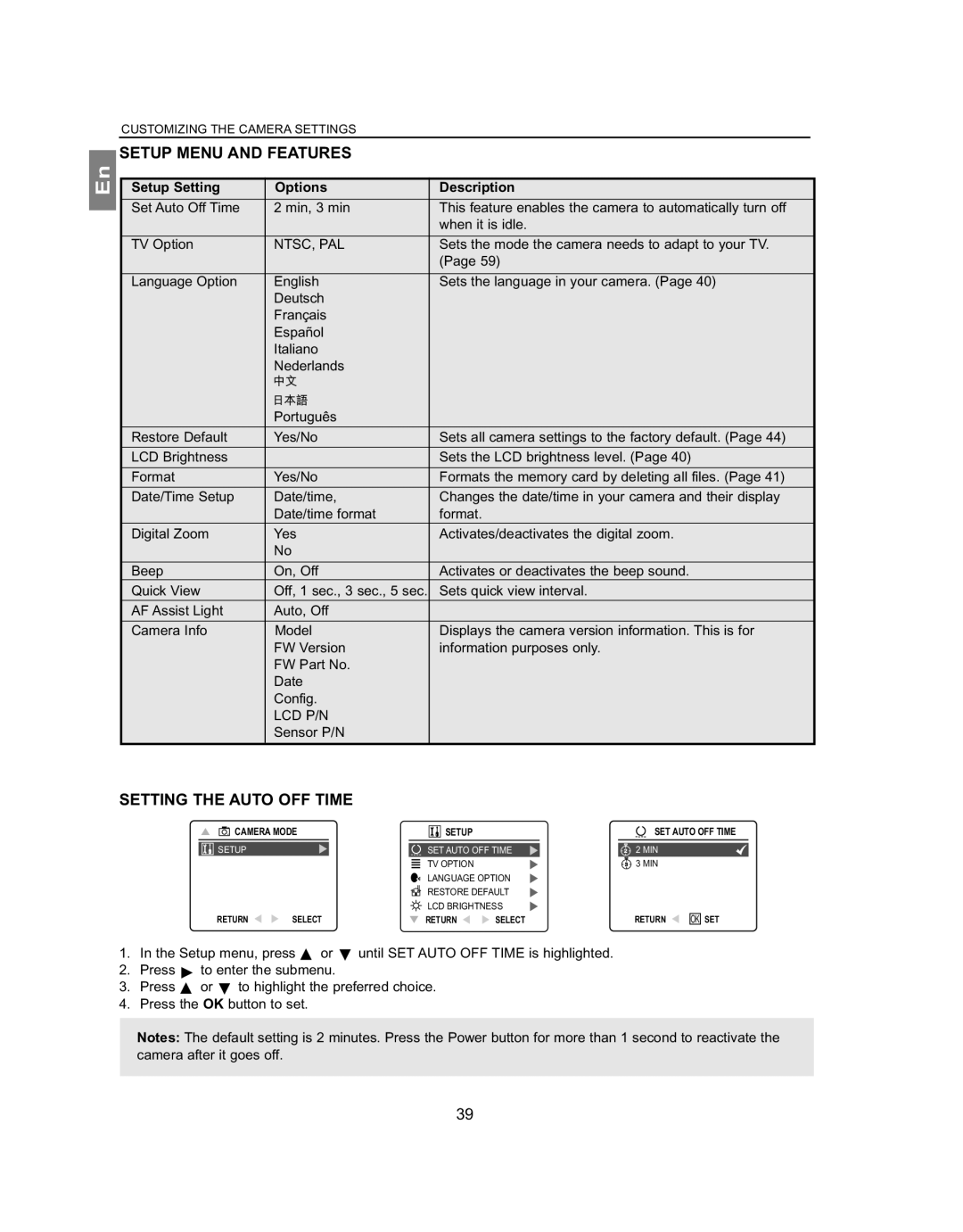 Concord Camera 4363z manual Setup Menu and Features, Setting the Auto OFF Time, Setup Setting Options Description 