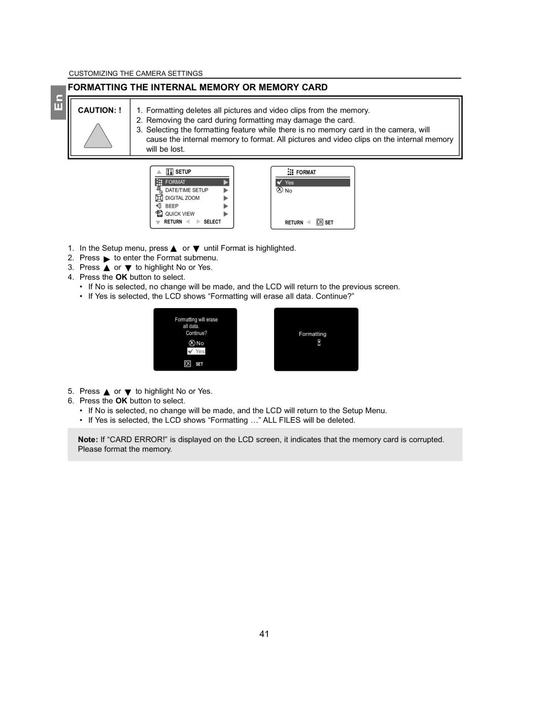 Concord Camera 4363z manual Formatting the Internal Memory or Memory Card 