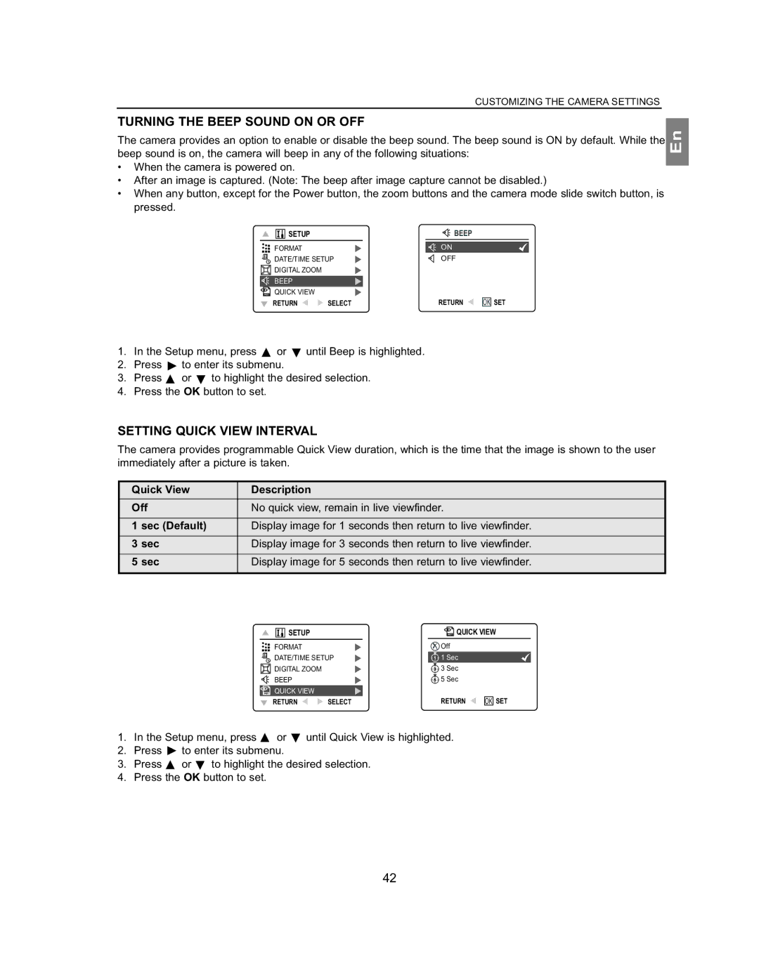 Concord Camera 4363z Turning the Beep Sound on or OFF, Setting Quick View Interval, How to select Quick View time phrase 