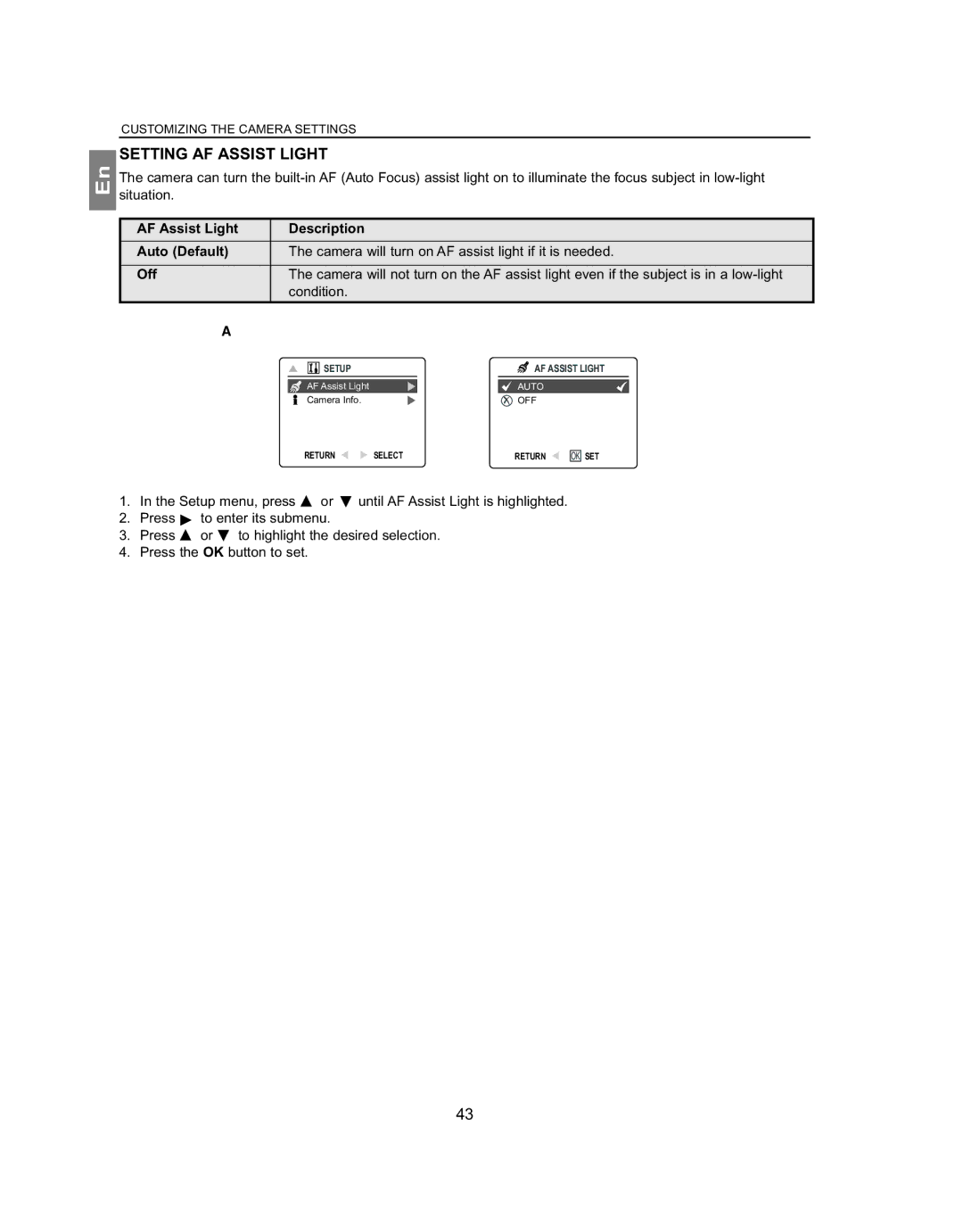 Concord Camera 4363z manual Setting AF Assist Light, Condition, How to change AF assist light setting 