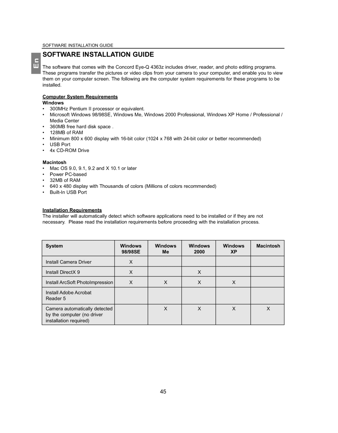 Concord Camera 4363z manual Software Installation Guide, Computer System Requirements Windows, Macintosh 