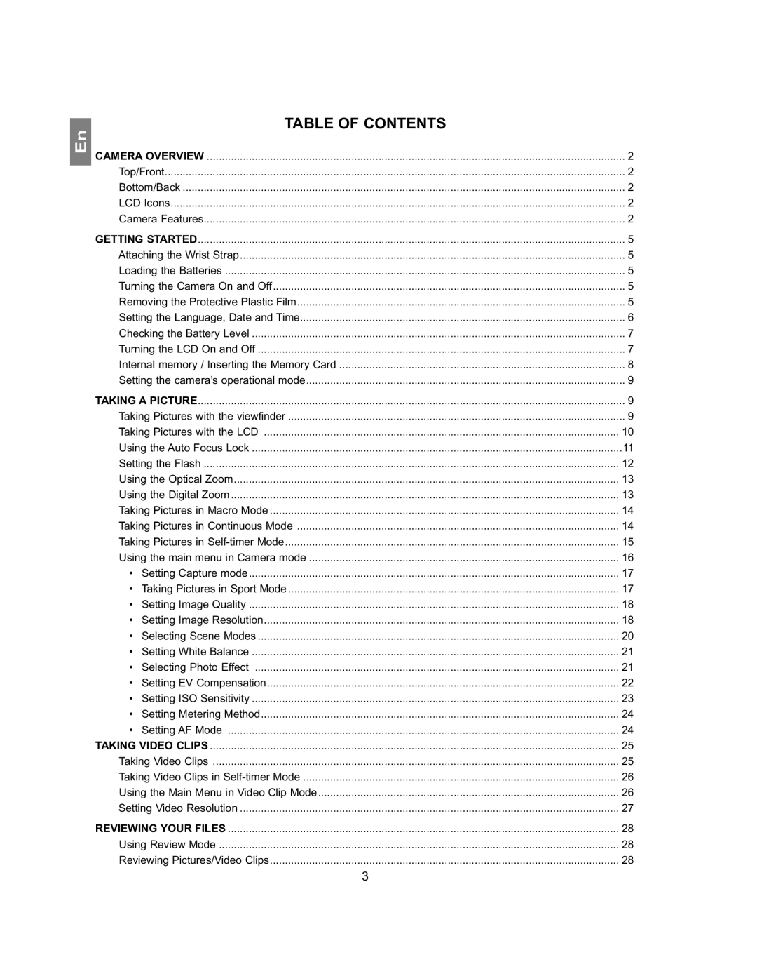 Concord Camera 4363z manual Table of Contents 