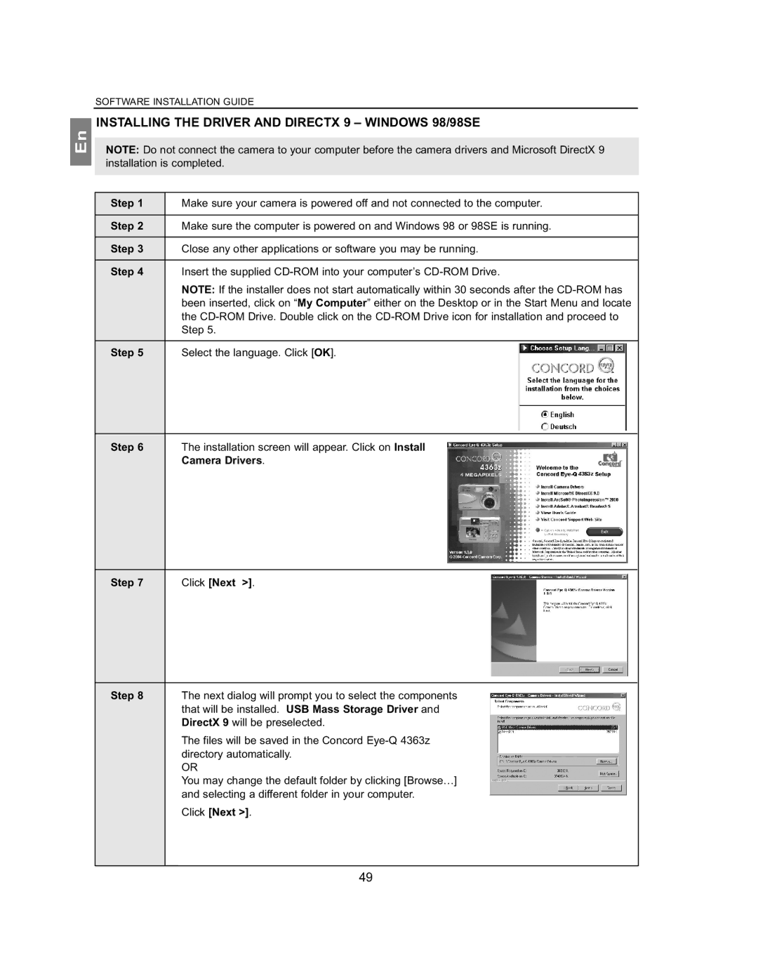 Concord Camera 4363z manual Installing the Driver and Directx 9 Windows 98/98SE, Step, Camera Drivers, Click Next 