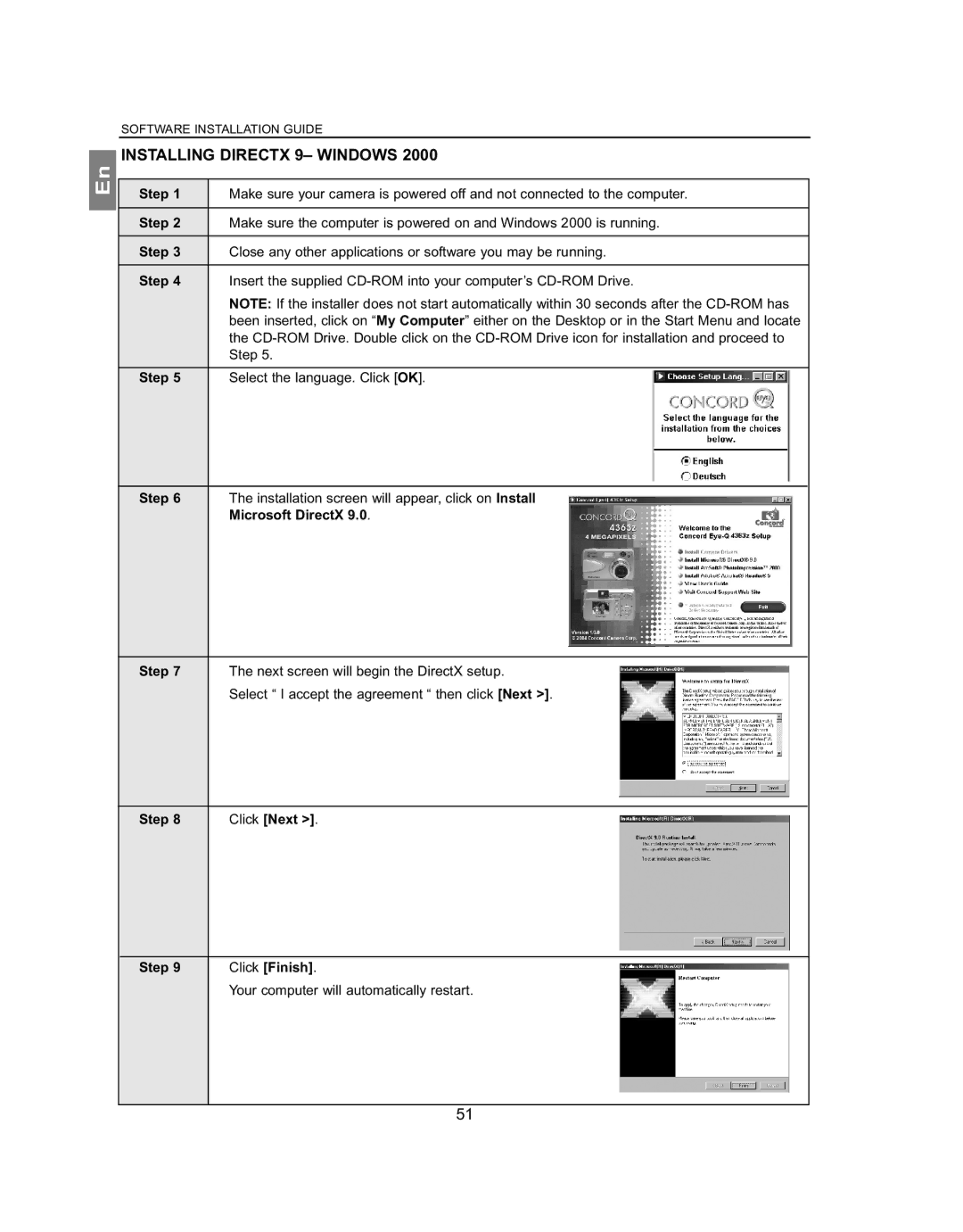 Concord Camera 4363z manual Installing Directx 9- Windows, Microsoft DirectX 