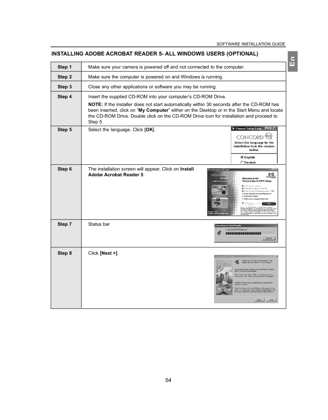 Concord Camera 4363z manual Adobe Acrobat Reader, Step Status bar Click Next 