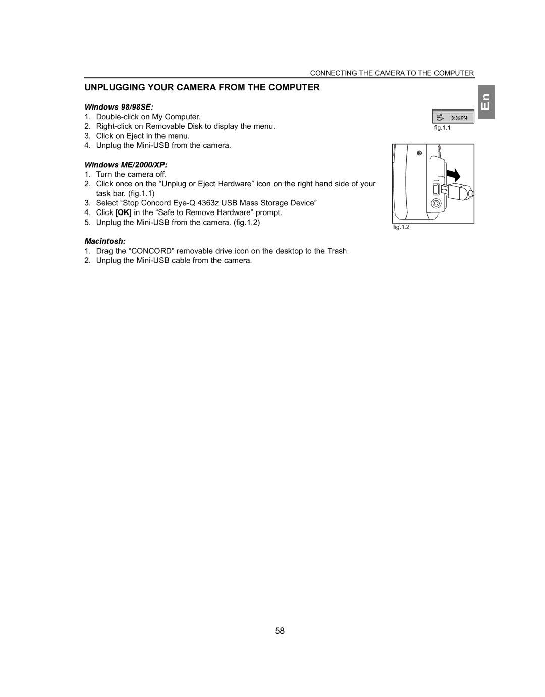 Concord Camera 4363z manual Unplugging Your Camera from the Computer, Windows 98/98SE, Windows ME/2000/XP, Macintosh 