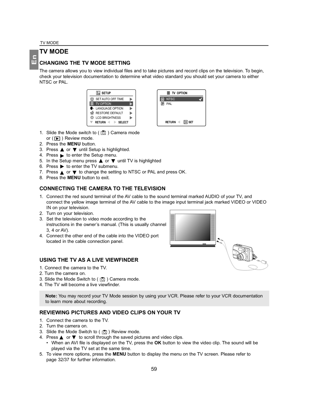 Concord Camera 4363z manual Changing the TV Mode Setting, Connecting the Camera to the Television 