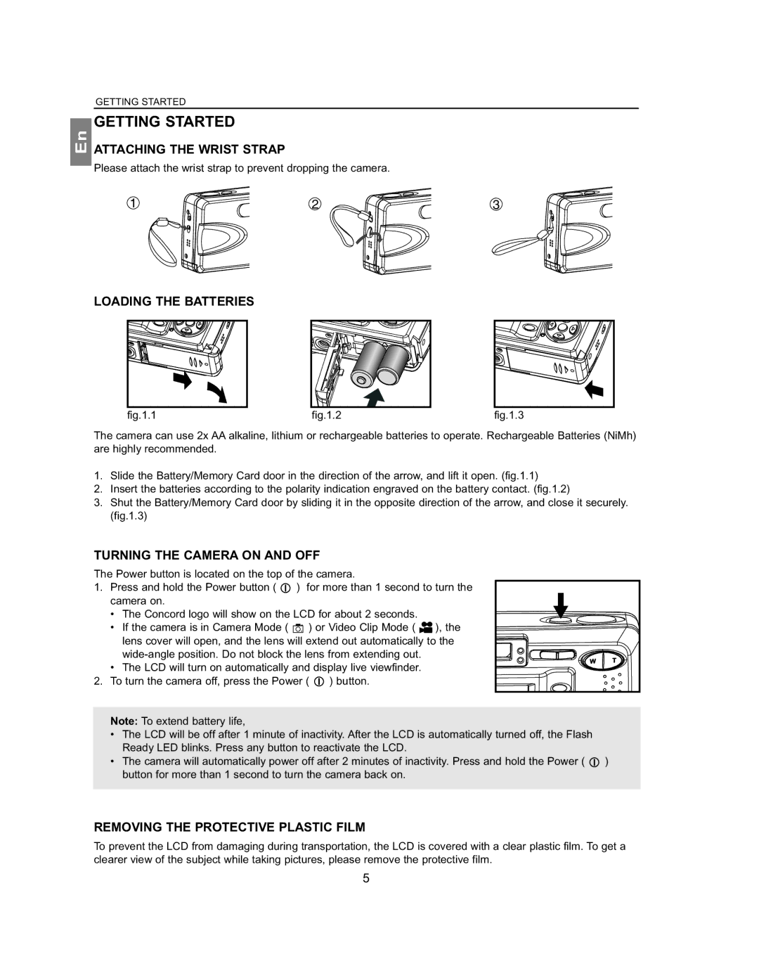 Concord Camera 4363z Getting Started, Attaching the Wrist Strap, Loading the Batteries, Turning the Camera on and OFF 