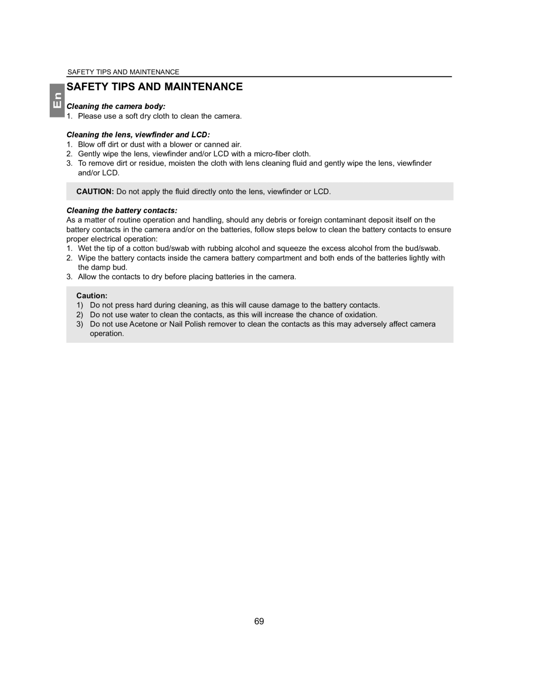 Concord Camera 4363z manual Safety Tips and Maintenance, Cleaning the camera body, Cleaning the lens, viewfinder and LCD 