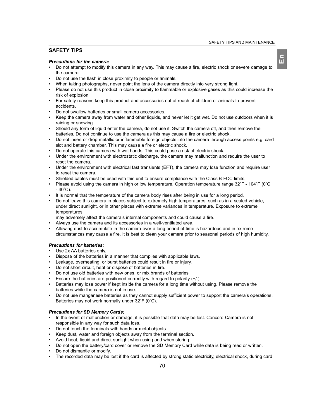 Concord Camera 4363z Safety Tips, Precautions for the camera, Precautions for batteries, Precautions for SD Memory Cards 