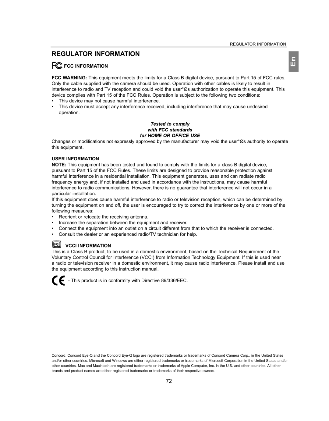 Concord Camera 4363z Regulator Information, FCC Information, Tested to comply With FCC standards For Home or Office USE 