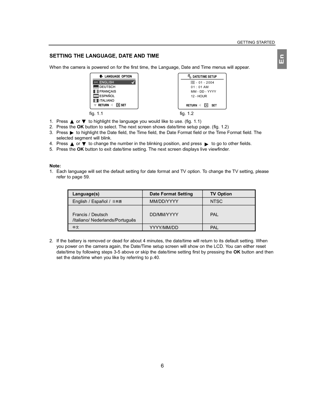 Concord Camera 4363z manual Setting the LANGUAGE, Date and Time, Languages Date Format Setting TV Option 