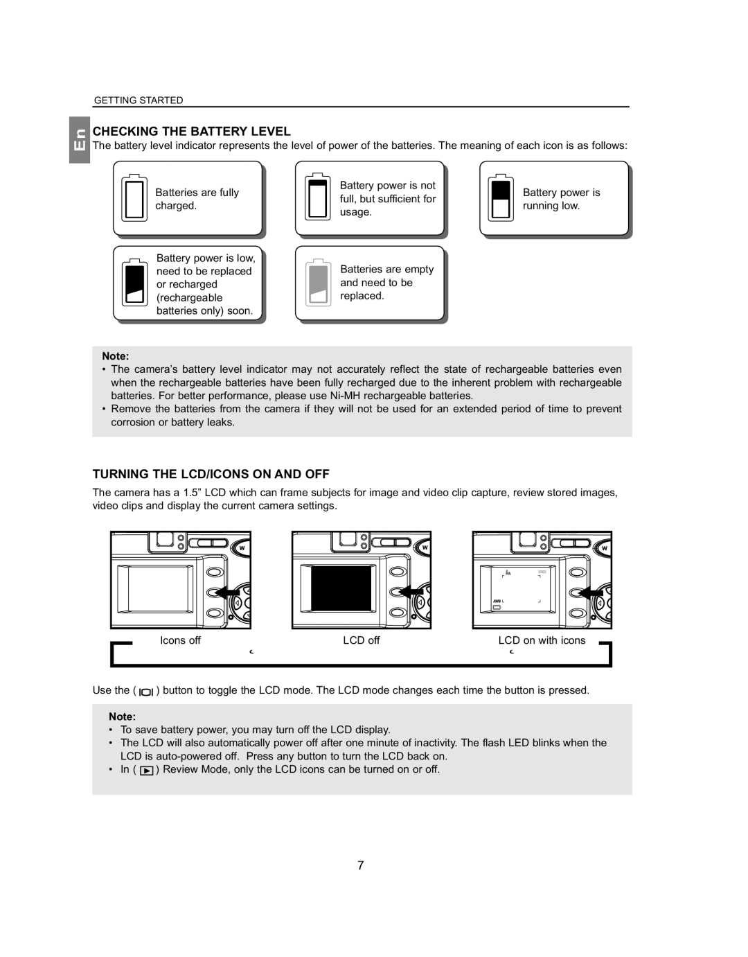 Concord Camera 4363z manual Checking the Battery Level, Turning the LCD/ICONS on and OFF 
