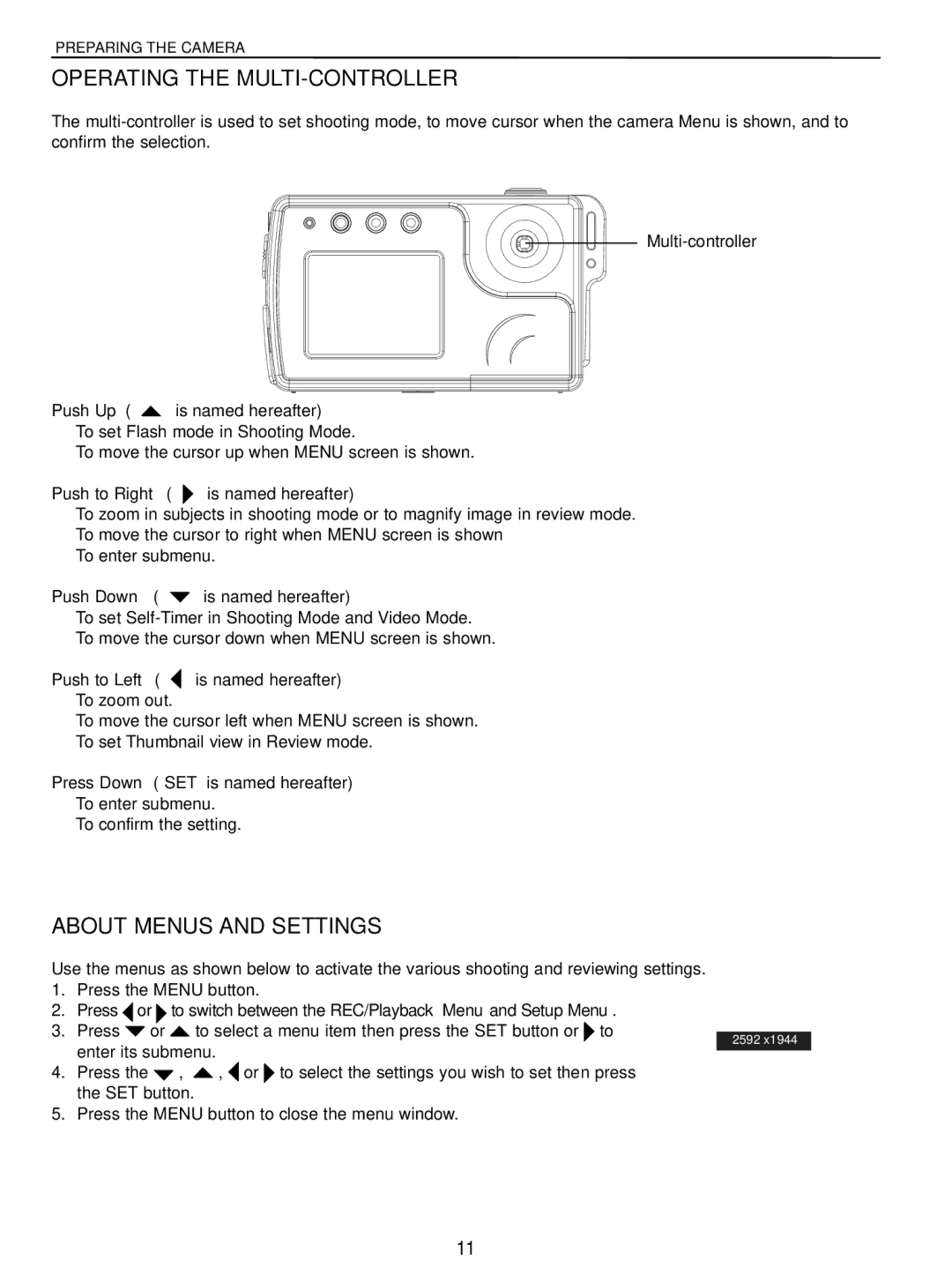 Concord Camera 5040 manual Operating the MULTI-CONTROLLER, About Menus and Settings 