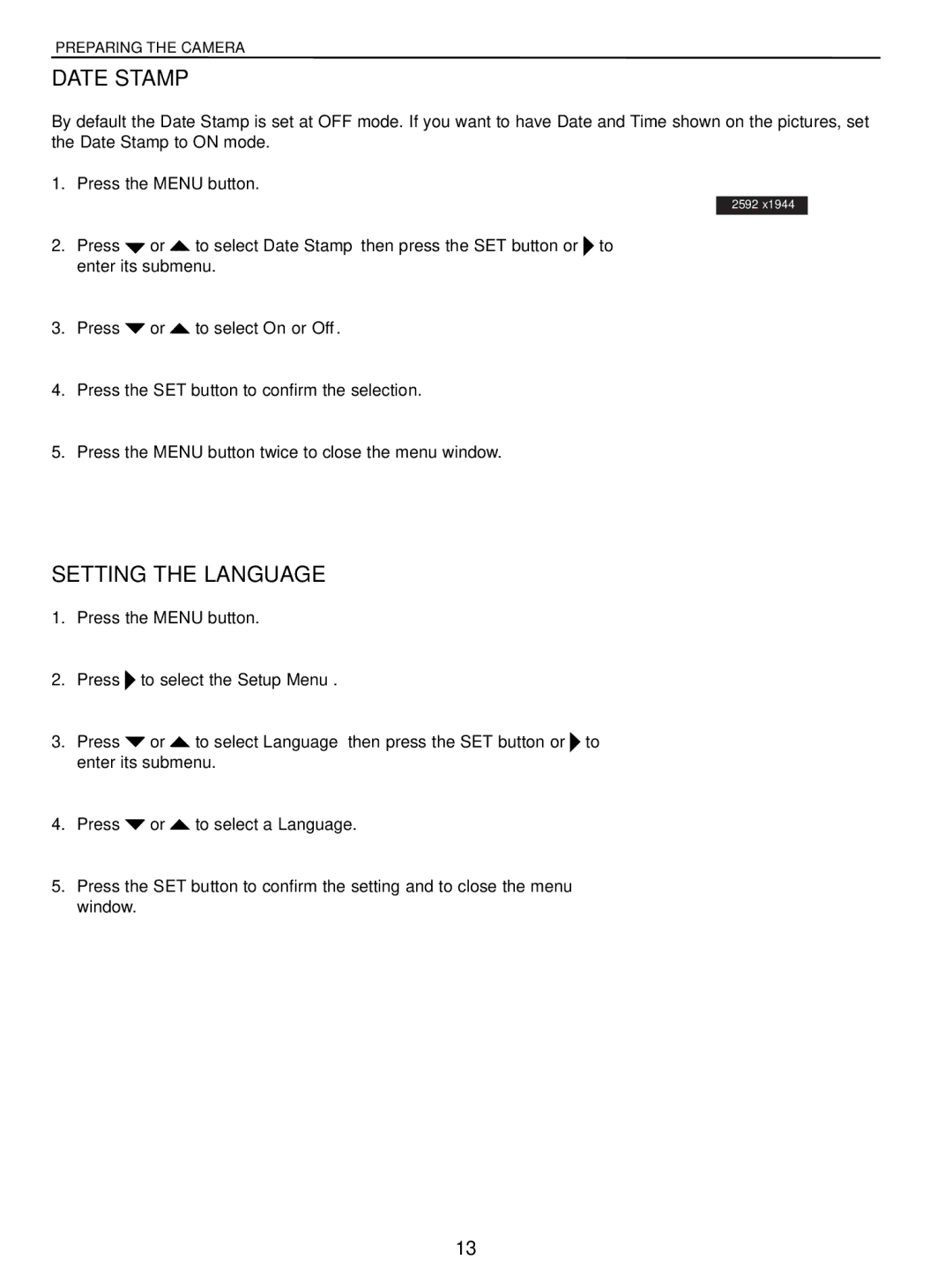 Concord Camera 5040 manual Date Stamp, Setting the Language 