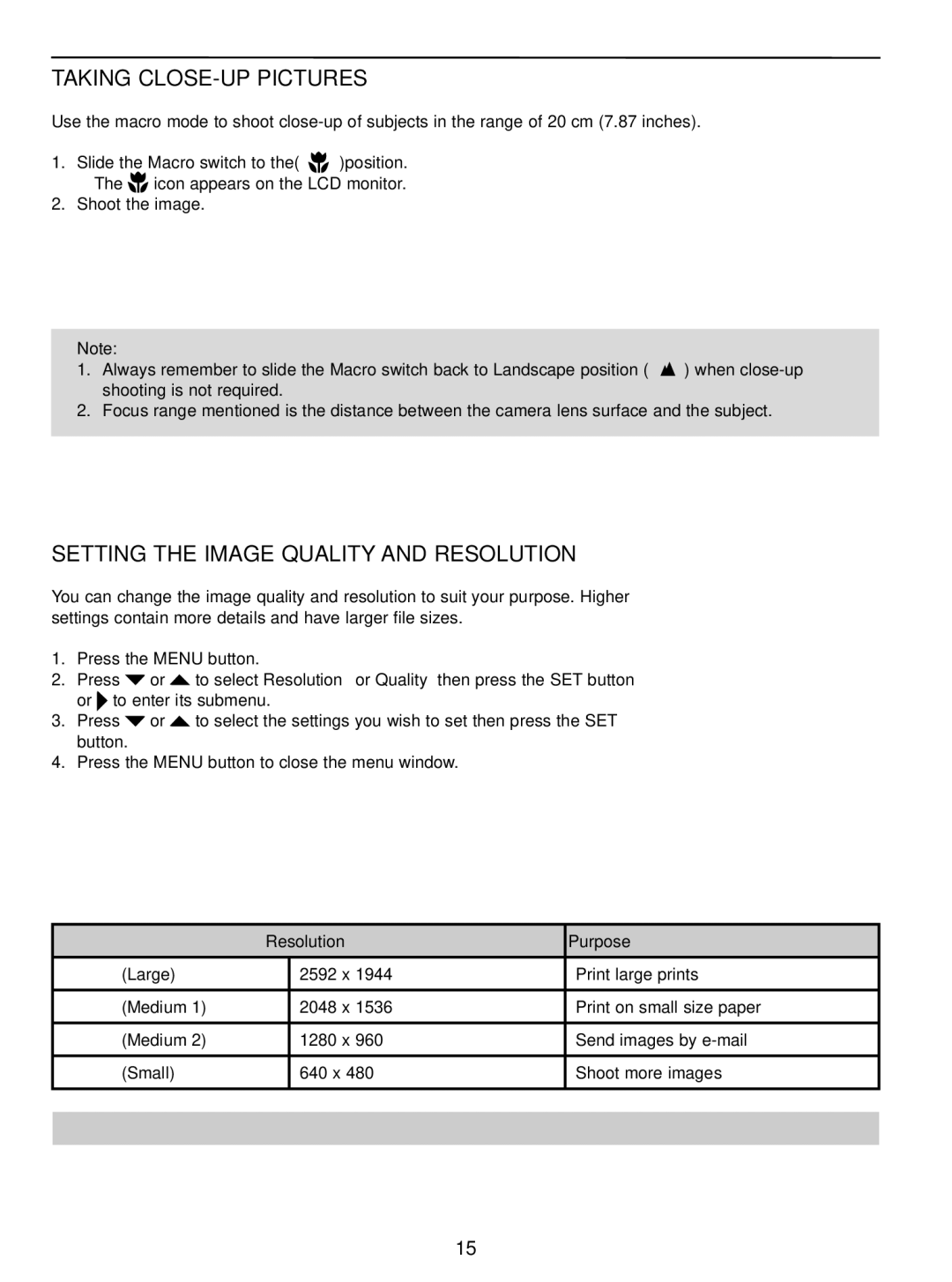 Concord Camera 5040 manual Taking CLOSE-UP Pictures, Setting the Image Quality and Resolution, Resolution Purpose 