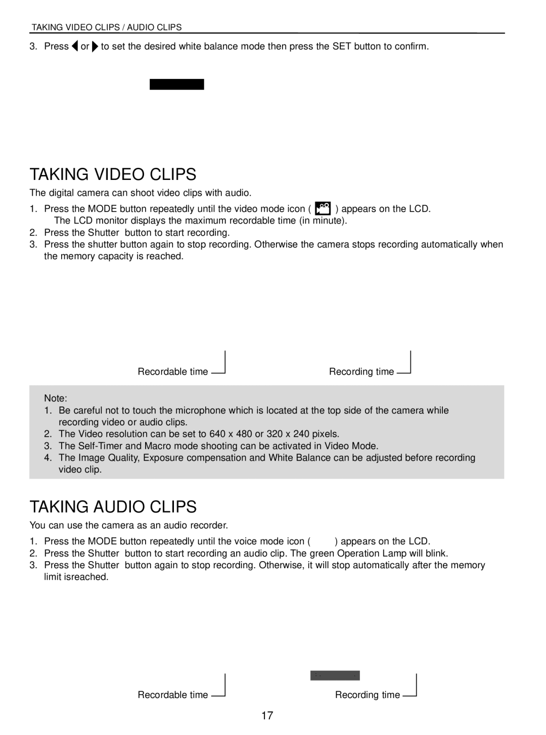 Concord Camera 5040 manual Taking Video Clips, Taking Audio Clips 