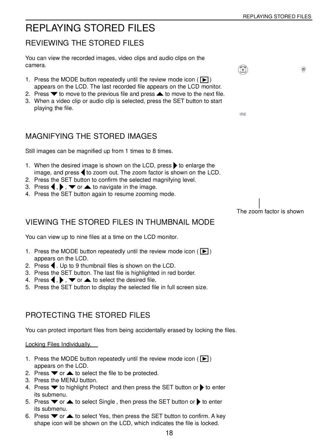 Concord Camera 5040 manual Replaying Stored Files, Reviewing the Stored Files, Magnifying the Stored Images 