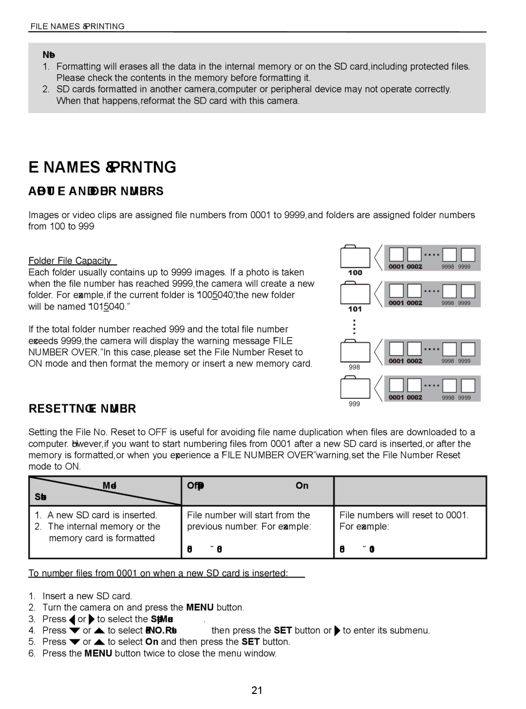 Concord Camera 5040 File Names & Printing, About File and Folder Numbers, Resetting File Number, Folder File Capacity 